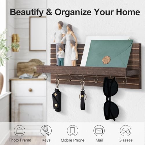 Lwenki Decorative Key Holder for Wall with Shelf, Entryway Shelf with Hooks Holds Leashes, Jackets and Glasses – Sturdy Wood Keyholder Entrance Hanger with Mounting Hardware (Brown, Large) - color: Brown, size: Large