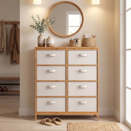 LOKO Fabric Dresser with 8 Drawers, Bamboo Storage Tower with Foldable Drawers & Top Shelf, Modern Chest of Drawers, Tall Vertical Organizer Unit for Closet, Living Room, Bedroom, Hallway - size: 16"D x 31.5"W x 37"H (8 Drawers)