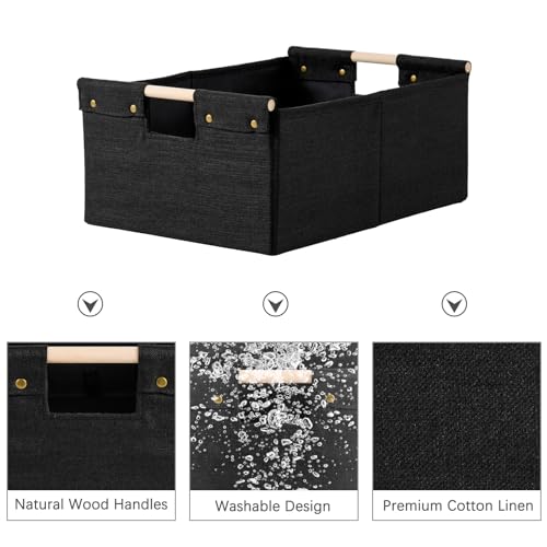 2PCS Storage Bins Cotton Linen Fabric Storage Boxes Basket with Wooden Handles Foldable Washable Decorative Shelf Container Closet Clothes Organizer Home Laundry (Small Size, Black) - color: Black, size: Small (Pack of 2)