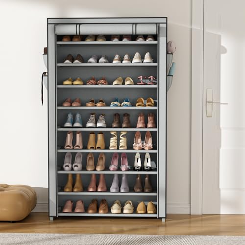 VILICK Shoe Rack with Cover Narrow Shoe Organizer with Pockets 10 Tier Tall Shoe Storage Holds 36-41 Pairs Shoes and Boots Shoe Rack for Closet Entryway Garage, Grey - color: Grey, size: 10 Tiers-34.6" Wide