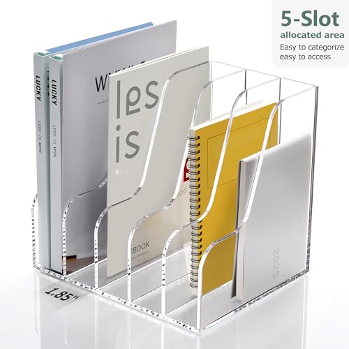 SANRUI Acrylic Desk Organizers, Clear Magazine File Holder, 5 Vertical Compartments A4 Folder Binder Holders Sorter, Office Desktop Workspace Organization Storage Rack for Office Home School - style: A4 5-Sections File Holder