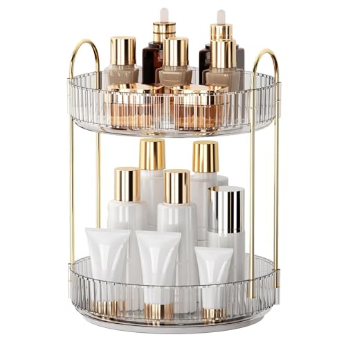 YCIA&DONE 360 Rotating Makeup Organizer and Storage for Vanity Bathroom Countertop, High Capacity Cosmetic Skincare Perfume Organizers for Dresser Lazy Susan (Clear White,2 Tiers) - color: Clear White, size: 9" (2 Tiers)