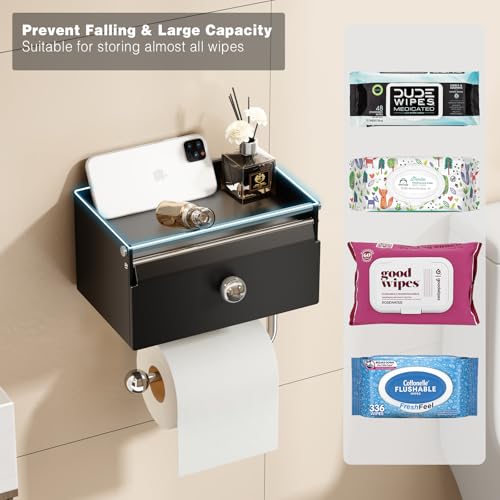 Voldra Toilet Paper Holder with Shelf, Flushable Wipes Dispenser for Bathroom, Adhesive Toilet Paper Roll Holder with Storage Wall Mount Stick On Bathroom Tissue Holder Front Flip Design (Matte Black) - color: Black, size: Wipes Box