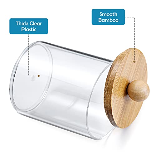 2 Pack Qtip Holder Dispenser with Bamboo Lids - 10 oz Clear Plastic Apothecary Jar Containers for Vanity Makeup Organizer Storage - Bathroom Accessories Set for Cotton Swab, Ball, Pads, Floss - size: 2 Pack of 10 oz