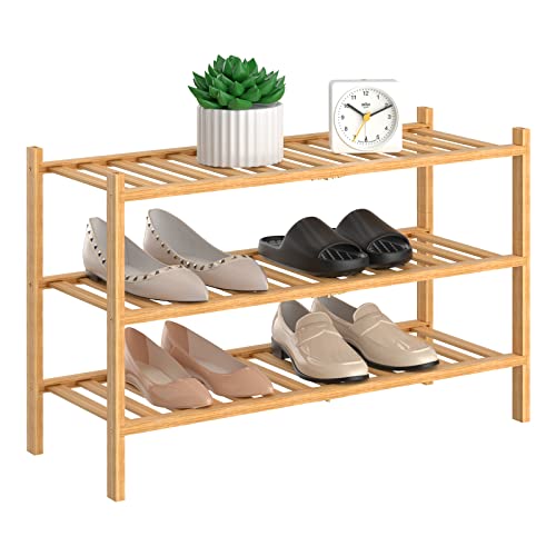RONGJlA 3 Tier Bamboo Shoe Rack for Closet Free Standing Wood Shoe Shelf Storage Organizer for Entryway Small Space Stackable, Natural - color: Natural, size: 3-Tier-Regular