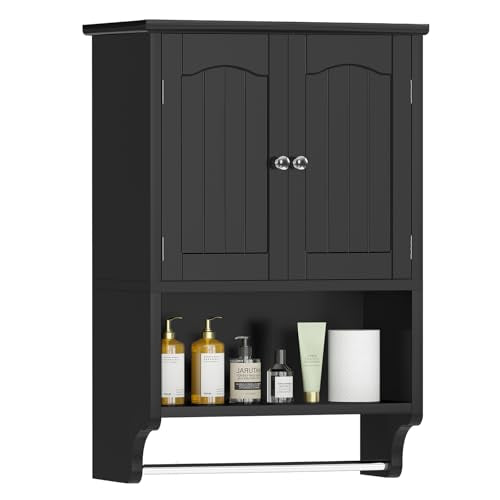 TEENFON Bathroom Wall Cabinet with Adjustable Shelves and Towel Rack, Wall Mounted Over The Toilet Storage Cabinet for Bathroom, Living Room, Black - color: Black With Towel Bar