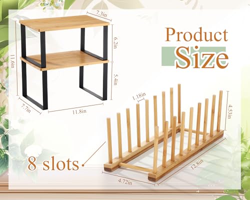 Marsui 4 Pcs Kitchen Organizer Accessories Set Cabinet Organizer Shelf and Bamboo Dish Drying Plate Rack Counter Shelves Storage Holder for Spice Rack, Dish, Pot Lid, Bowl, Cup(Light Color) - color: Light Color