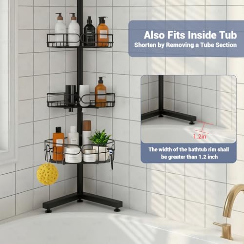 Standing Shower Caddy Corner, 4-Tier Adjustable Height Bathroom Organizer, 6-Section Pole, Sturdy Floor Standing Shelf for Shower or Bathtub – No Drilling, No Spring Tension