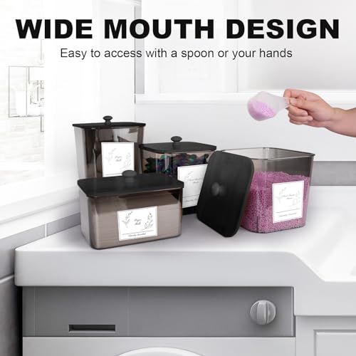 Zingbee 4 Pack Laundry Detergent Containers & Dryer Sheet Holder with Black Lids, Scoops & Labels - Plastic Laundry Organizer and Storage Jars for Pods, Detergent, Scent Booster - color: Clear Grey-2