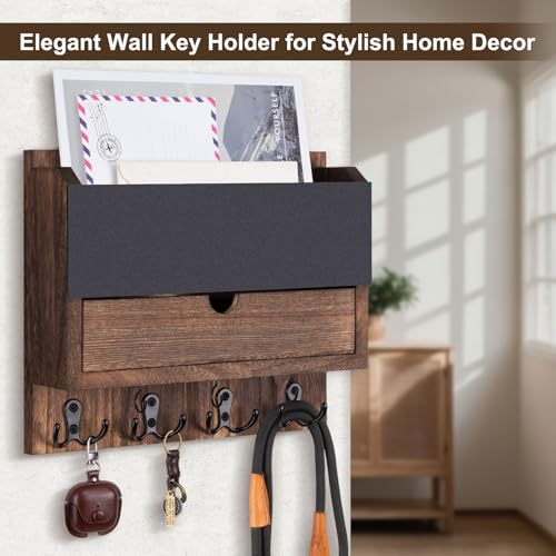Mail and Key Holder Wall Mount with Storage Drawer – Modern Wooden Mail Organizer for Wall Entryway, 7 Key Hooks & Chalkboard Panel – Stylish Home Decor for Apartments, Living Room, Office - color: Brown