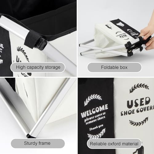 Foldable Disposable Shoe Cover Box Dispenser, Thickened Oxford Fabric Storage Bin Holder with Welcome Please Cover Your Shoes and Used Shoe Covers Sign for Open House Supplies(Black, White)