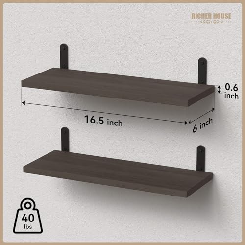 RICHER HOUSE Floating Shelves for Décor, Rustic Wood Wall Shelves for Bedroom Set of 2, Farmhouse Shelf for Bathroom, Hanging Shelves for Storage, Wall Mounted - Deep Brown - color: Deep Brown, size: 2 Pcs:16.54in