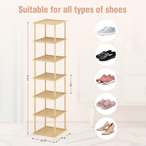 MHXW SXPN Bamboo Free Standing Shoe Rack Shelf Multi Tier Tall Wooden Stackable Shoes Rack Organizer for Closet Front Door Entrance Narrow Vertical Shoe Storage (Bamboo, 7 Tiers) - color: Bamboo, size: 7 Tiers
