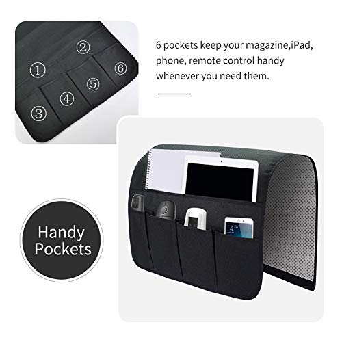 Sofa Armrest Organizer, Remote Control Holder for Recliner Couch, Arm Chair Caddy with 6 Pockets for Magazine, Tablet, Phone, iPad - color: Black, size: W19'' x L33''