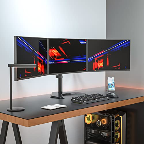 WALI Triple Monitor Stand, Free Standing Three LCD Monitor Fully Adjustable Desk Mount Fits 3 Screens up to 27 inch, 22 lbs Weight Capacity per Arm (MF003), Black - size: Triple, style: Free-Standing