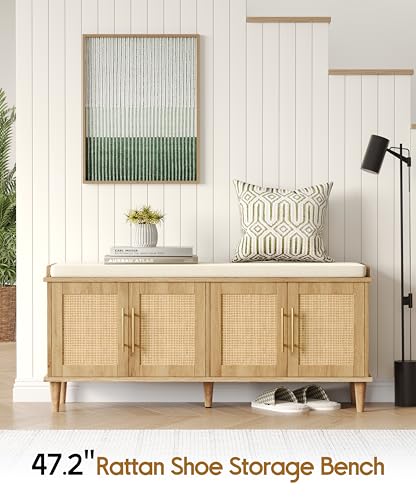 Akxomel Rattan Shoe Storage Bench with Cushion, 2-Tier Entryway Bench with Adjustable Shelves and 4 Doors, 15" D x 47.2" W x 20" H, Solid Wood Legs, for Hallway, Living Room, Bedroom, Natural Oak - size: 15"D x 47.2"W x 20"H