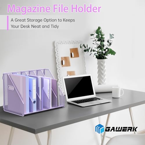 MINDEPOT Desk File Organizer Metal Desk Magazine Folder Holder with 5 Vertical Compartments Rack File Organizer for Office, Home, School (Purple) - color: Purple