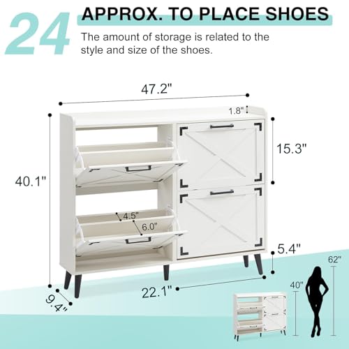 Barnyatoh Shoe Storage Cabinet,Farmhouse Shoe Organizer with 4 Flip Drawers & Barn Door Design,Freestanding Hidden Slim Narrow Shoe Rack Cabinet for Entryway,Foyer,Hallway,Antique White - color: Antique White, size: 4-Drawers