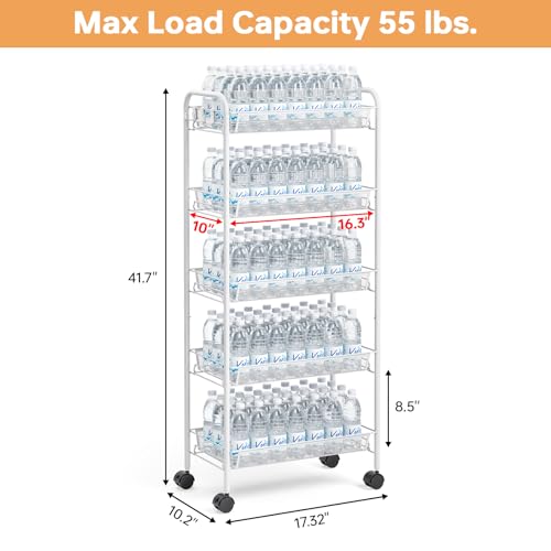 TOOLF 5-Tier Rolling Cart, Metal Utility Cart with 3 Hooks, Easy Assemble Mobile Storage Trolley On Wheels, Metal Shelving Units Kitchen Bathroom Laundry Room - color: White, size: 5-Tier