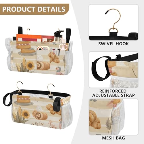 Bedside Caddy Metal Frame Hanging Organizer Bunk Bed Dorm Accessories Hook And Loop Storage Bag Large Pockets Beige Bread Pumpkin Thanksgiving - color: Beige Bread Pumpkin Thanksgiving