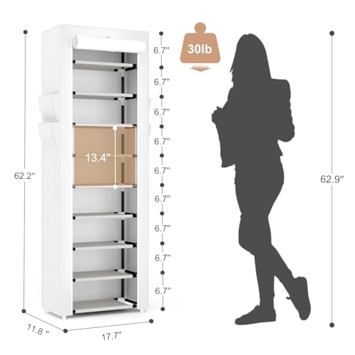VILICK Shoe Rack with Cover Narrow Shoe Rack Organizer with 4 Side Pockets 10 Tier Tall Shoe Storage Shoe Shelf Holds 18-22 Pairs Shoes and Boots Shoe Rack for Closet, White - color: White, size: 10 Tiers-17.7" Wide