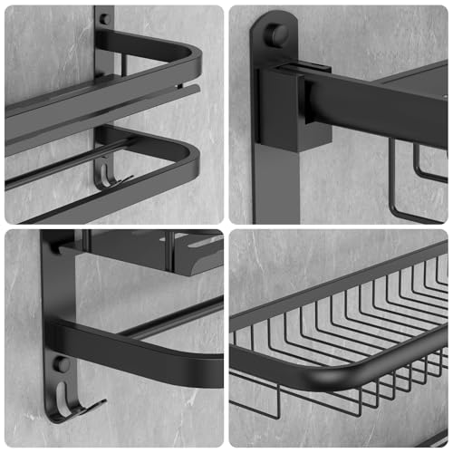 CAXIMSY Foldable 23.22 Inch Rowel Rack Wall Mounted with Bathroom Shower Shelves Stainless Steel Towel Bar Without Drilling and Screw Installation (Black) - color: Black