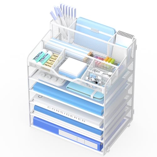 6 Tier Mesh Desk Organizer,Multi Functional Letter Paper Tray with 3 Pen Holders and 5 Adjustable Storage Compartments for Office Supplies Files and Mail Space Saving Desktop Organizer-White - color: 6 Tier-white