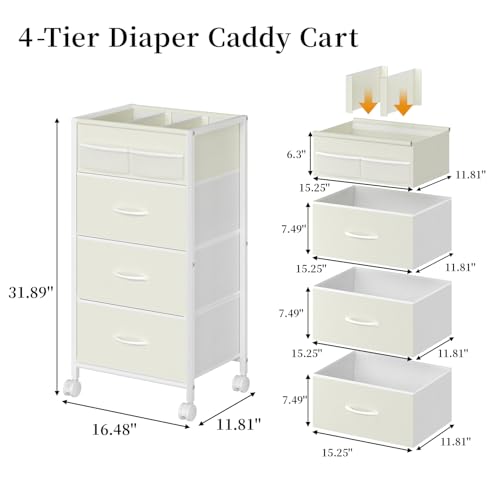 4-Tier Baby Diaper Caddy Organizer Cart with 3 Storage Drawers, Rolling Cart with Dividers & Side Pockets for Nursery, Baby Essentials, Toys, Wipes & Creams, Portable Kids Storage Cart & Station - color: Light Khaki, size: 11.8"D x 16.5"W x 31.9"H (3 Draw