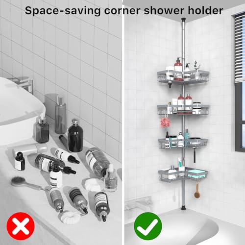 KEGII 4-Tier Corner Shower Caddy Tension Pole - Adjustable Shower Tension Rod Organizer, Floor to Ceiling Shower Caddy 25-114.2 inch, Shower Towel Rack Corner Waterproof, Light Gray - style: Tension Caddy - Light Gray