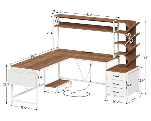 YOMILUVE L Shaped Desk with Hutch, Reversible Computer Desk with Drawers and Bookshelf, Home Office Desks with Storage Shelves for Bedroom Home Office, Brown and White - color: Brown and White