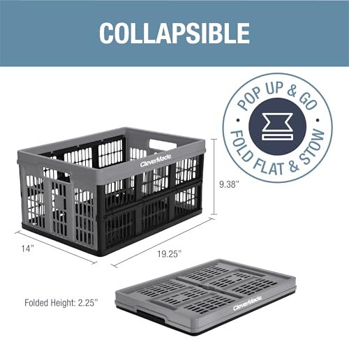 CleverMade Collapsible Utility Crate, Stone, 1PK - 32L (8 Gal) Collapsible Storage Bins, Holds 40lbs Per Bin - Plastic Stackable Grated Wall Utility Containers, CleverCrates Baskets