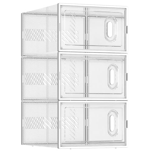 BALEINE 3 Pack Stackable Shoe Storage Boxes Fit Size 9, Thickened Clear Shoe Box Bins with Lids, Plastic Foldable Shoe Rack Organizer Sneaker Storage Containers (Large, White) - color: White, size: Large Fits Size 9-3PK