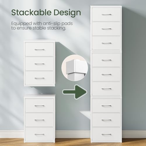 CHOEZON Stackable Storage Drawers for Closet, 3 Drawer Dresser with Wooden Top, Fabric Clothes Organizers with Metal Handles, Closet Organizer with 3 Drawers for Bedroom, Living Room, White TCW31WB - size: 11.8"D x 15.7"W x 23"H (3 Drawers)
