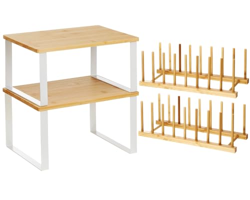 Marsui 4 Pcs Kitchen Organizer Accessories Set Cabinet Organizer Shelf and Bamboo Dish Drying Plate Rack Counter Shelves Storage Holder for Spice Rack, Dish, Pot Lid, Bowl, Cup(Wooden Color) - color: Wooden Color