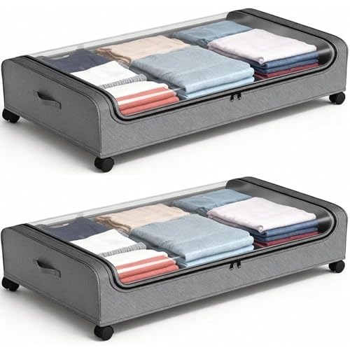 Under Bed Storage with Wheels, 6.7'' Tall Underbed Storage Containers with Lids - Rolling Bins for Shoes Clothes Blankets (Grey, 2-Pack XXL) - color: grey, size: 6.7 inch-height
