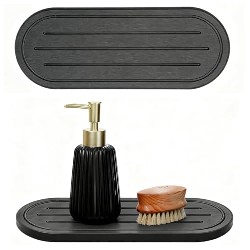 Razborci 2PCS Water Absorbing Stone Drying Tray Mat for Bathroom Sink & Kitchen Counter Faucet Organizer Decor, Quick Dry Dish Soap Dispenser Sponge Holder, Vanity Caddy Coaster,Dark Gray -10"*3.8" - color: 2pack-10"x 3.8" - Dark Gray
