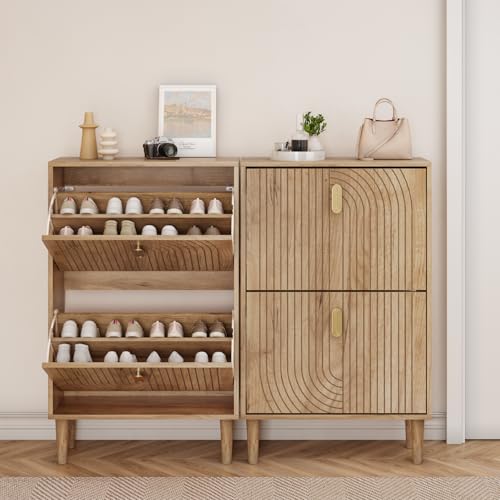 Smuxee Shoe Cabinet with 2 Flip Drawers, 23.6" Oak Hidden Shoe Storage Cabinet with Line Groove Design, Freestanding Shoe Organizer Cabinet for Entryway, Hallway, Living Room - color: Oak With Flip Drawers, size: 23.6" (60 cm)
