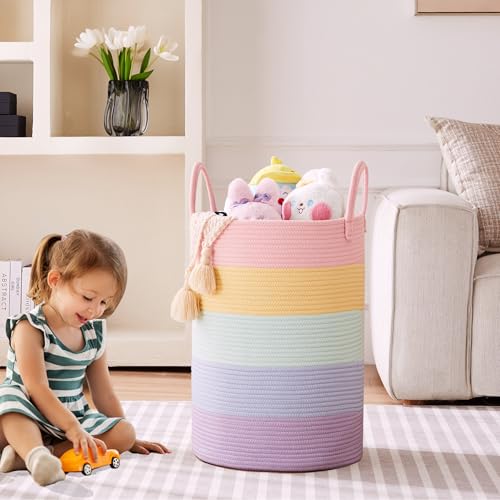 80L Extra Large Rainbow Laundry Hamper for Baby Girls Clothes Tall Woven Laundry Basket for Kids Nursery Toy in Playroom Blanket Basket for Living Room Bedroom 16"D x 22"H Pastel Unicorn - color: Pastel Rainbow, size: Extra Large (80L)