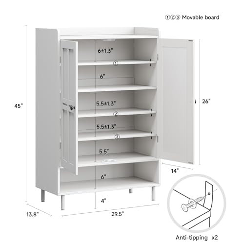 ComfyCorner White 7+1 Tier Farmhouse Shoe Storage Cabinet - 45" Tall Entryway Organizer with Cross Molding Doors, 3 Adjustable Shelves & Metal Legs, Shoe Rack for Front Door Entrance - color: White