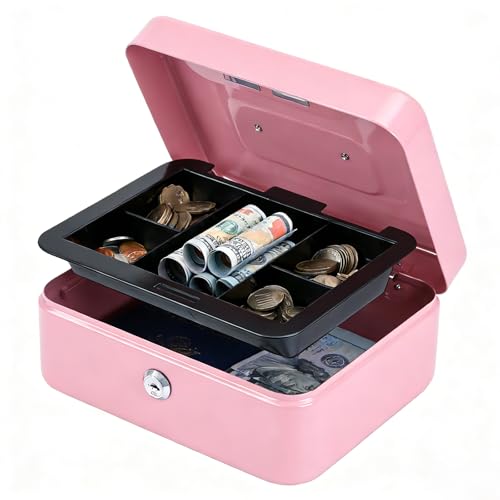 Kyodoled Medium Cash Box with Money Tray,Small Safe Lock Box with Key, Drawer,7.87"x 6.30"x 3.54" Pink - color: Pink, size: Medium