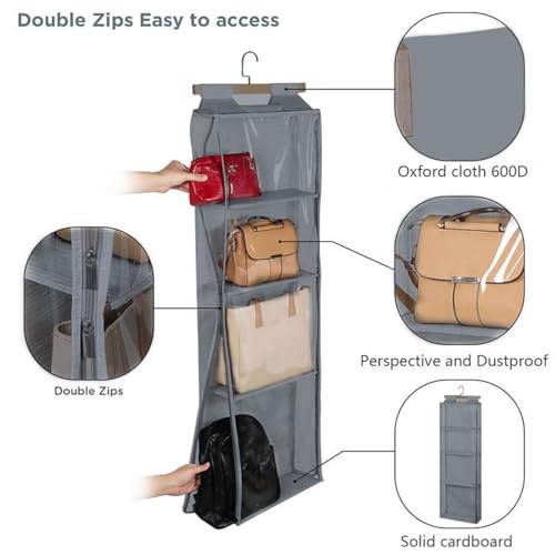 HAN SHENG 4 Grids Hanging Purse Handbag Organizer with Zippers Clear Hanging Closet Bag Organizer Tote Bag Purse Storage Holder Over The Door Space Saving Organizers (Grey)