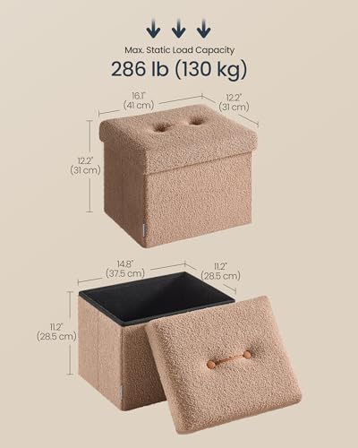 SONGMICS Small Folding Storage Ottoman, Foot Rest Stool, 12.2 x 16.1 x 12.2 Inches, Ottoman with Storage, Load up to 286 lb, for Living Room, Bedroom, Dorm, Camel Brown ULSF094K01 - color: Camel Brown, style: Teddy Fleece