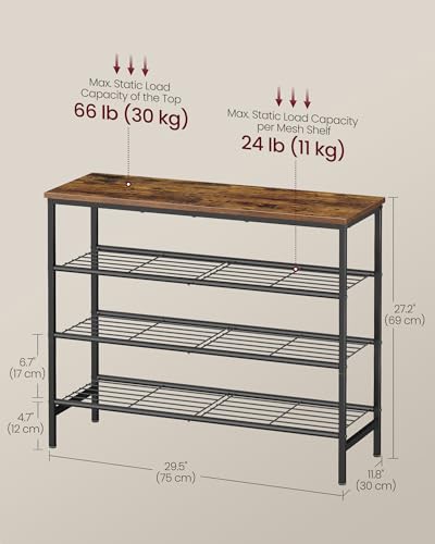VASAGLE Shoe Rack, Shoe Storage Rack for Closet, Entryway, Living Room, Free Standing Metal Organizer Shelf, 4 Tiers, 11.8 x 29.5 x 27.2 Inches, for 12–16 Pairs, Rustic Brown and Ink Black ULBS049KD01 - size: 4 Tiers (29.5"W)