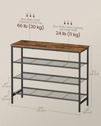 VASAGLE Shoe Rack, Shoe Storage Rack for Closet, Entryway, Living Room, Free Standing Metal Organizer Shelf, 4 Tiers, 11.8 x 29.5 x 27.2 Inches, for 12–16 Pairs, Rustic Brown and Ink Black ULBS049KD01 - size: 4 Tiers (29.5"W)