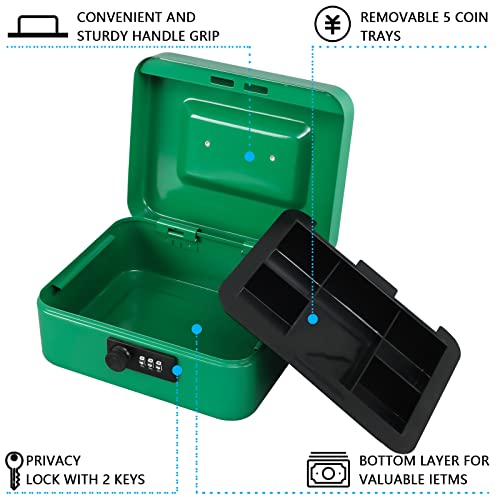 KYODOLED Cash Box with Combination Lock,Safe Metal Box for Money,Storage Lock Box with Money Tray,7.87"x 6.30"x 3.54" Green Medium - color: Green, size: Medium