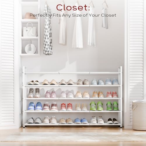 Bumusty 5-Tier Long Expandable Shoe Rack for Closet, 18"-44" Adjustable Shoe Rack for Entryway, 25-30 Pairs Large Shoe Organizer Shelf Storage, Sturdy Metal, White - color: White, size: 5-Tier