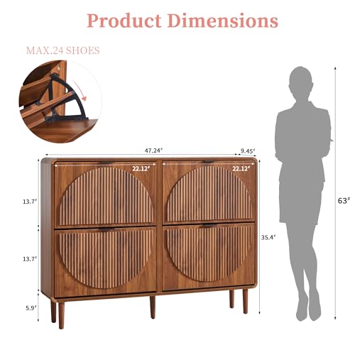 Shoe Cabinet Storage for Entryway, Fluted Shoe Cabinet with 4 Flip Drawers, Mid-Century Modern Hidden Shoe Rack, Freestanding Shoe Storage Organizer for Hallway, Living Room, Foyer, Walnut - color: Walnut-4 Flip Drawers