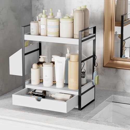 Kottwca 2-Tier Bathroom Counter Organizer with Drawer, Basket & Hooks, Wooden Vanity Shelf for Skincare, Perfume & Makeup Storage(White) - color: White