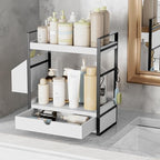 Kottwca 2-Tier Bathroom Counter Organizer with Drawer, Basket & Hooks, Wooden Vanity Shelf for Skincare, Perfume & Makeup Storage(White) - color: White