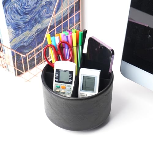 Hennaja Round Leather Art Supply Organizer,Remote Control Holder,360 Degree Spinning,Multi-Functional Pencil Holder,4 Compartments Desktop Stationary Organizer(1-Crazy Black) - color: 1-Crazy Black